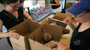 Perspective authors packing charity food boxes