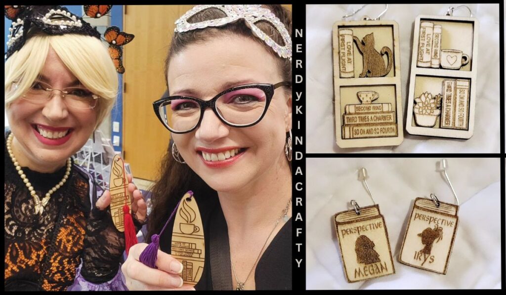 Perspective book series authors with NeardyKindaCrafty custom bookmarks and earrings